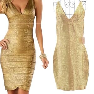 NEW Venus Gold Shimmer Metallic Goddess Bodycon Bandage Dress, Size Medium